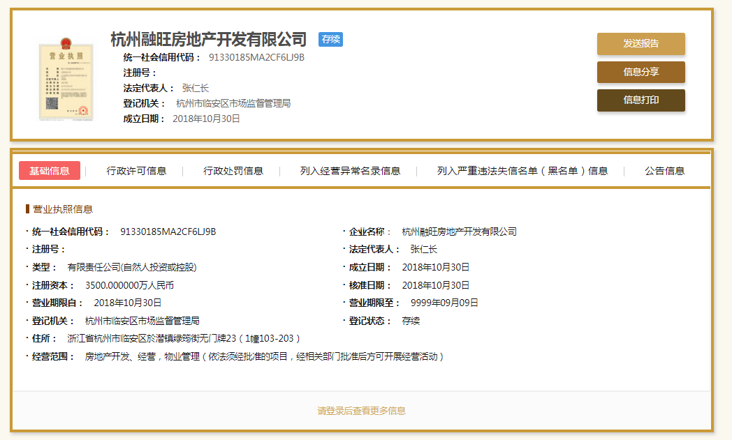 杭州融旺房地产开发有限公司营业执照
