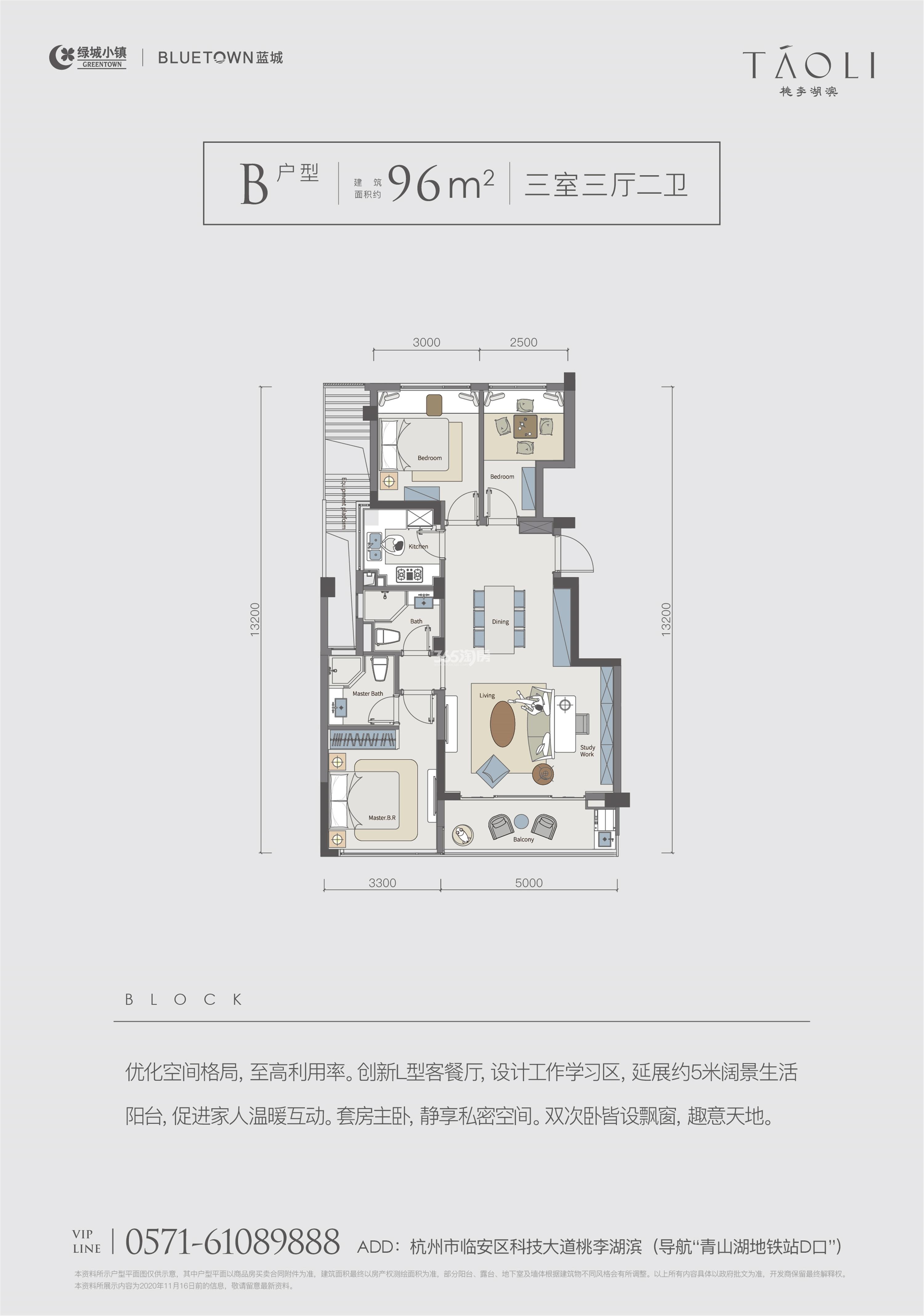 桃李湖滨里里B户型96方户型图