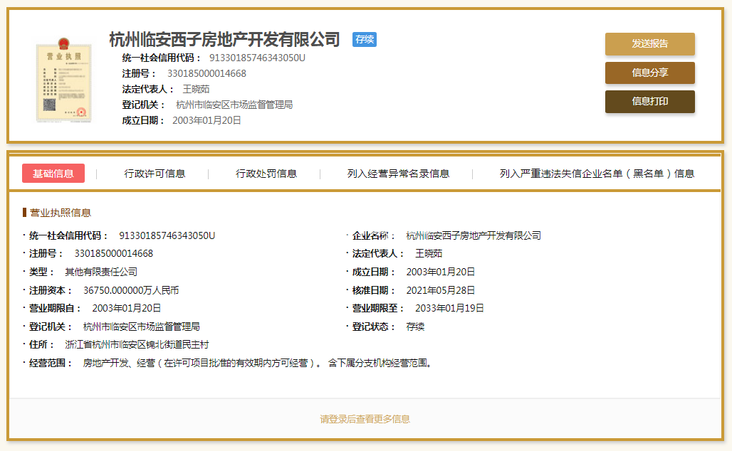 杭州临安西子房地产开发有限公司营业执照