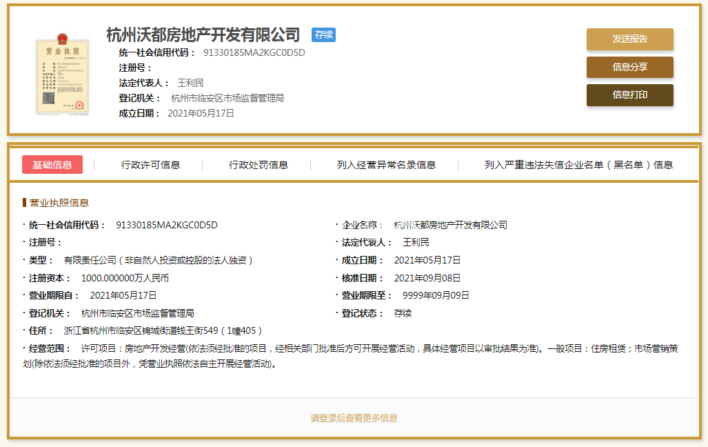 杭州沃都房地产开发有限公司营业执照