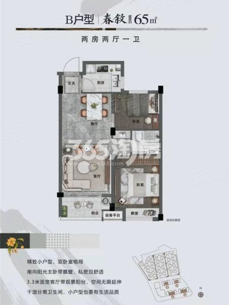 棠颂大院B户型建面65㎡（2室2厅1卫）